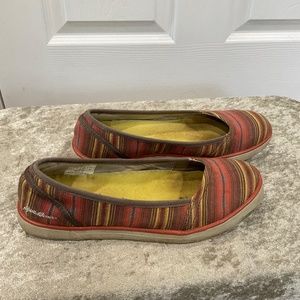 Eddie Bauer Brown and Red Stripe Slip On Flat Tennis Shoe, Size 7-1/2.